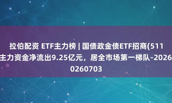 拉伯配资 ETF主力榜 | 国债政金债ETF招商(511580)主力资金净流出9.25亿元，居全市场第一梯队-20260703
